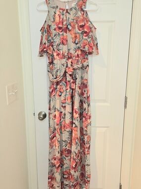 Calvin Klein Floral Maxi Dress in Blush with Coral and Green Accents Sz 4